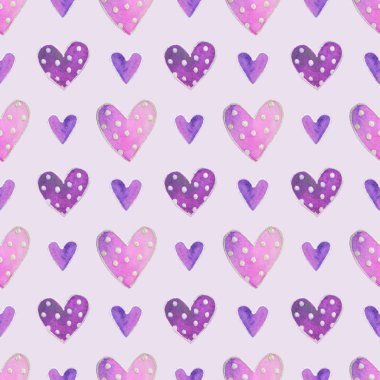 Polka dot, elle çizilmiş illüstrasyon, seamless modeli ile şirin suluboya mor Kalpler