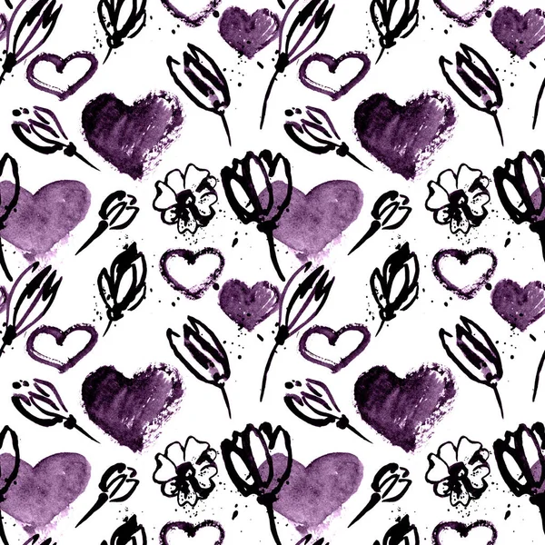 Watercolor purple hearts and flowers in grunge style, hand drawn illustration, seamless pattern — Stock Photo, Image