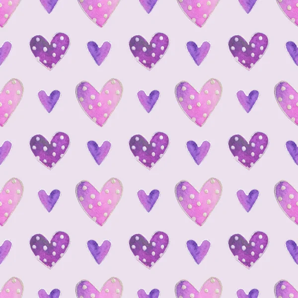 Cute watercolor purple hearts with polka dot, hand drawn illustration, seamless pattern — Stock Photo, Image