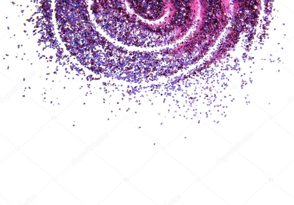 Spiral of purple glitter on white background