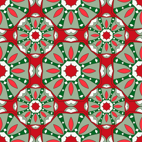 あなたのデザインの美しい色のマンダラとのシームレスなパターン。クリスマスのベクトルの背景 — ストックベクタ