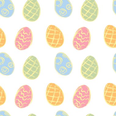 Paskalya renkli ile Seamless Modeli beyaz arka plan üzerinde yumurta. Vektör çizim