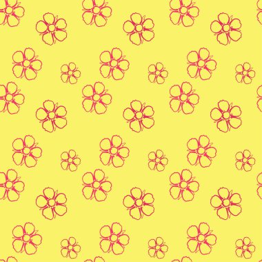 Dikişsiz desen Sarı zemin üzerine pembe çiçekli. Vektör çizim, eskiz.