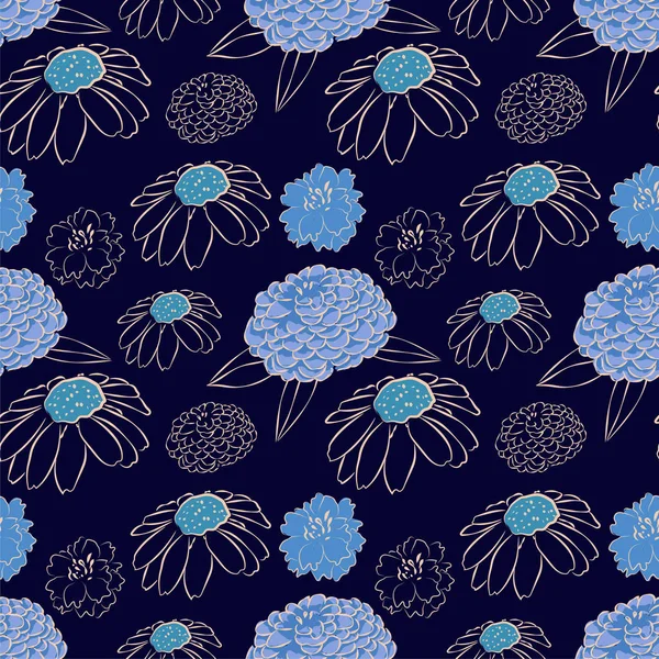 Seamless pattern with blue flowers. Vector illustration, sketch. — Stock Vector