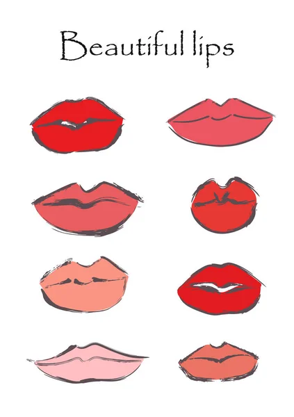 Conjunto com lábios vermelhos e rosa sobre fundo branco. Ilustração vetorial —  Vetores de Stock