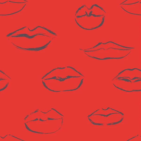 Patrón sin costuras con labios sobre fondo rojo. Ilustración vectorial — Vector de stock