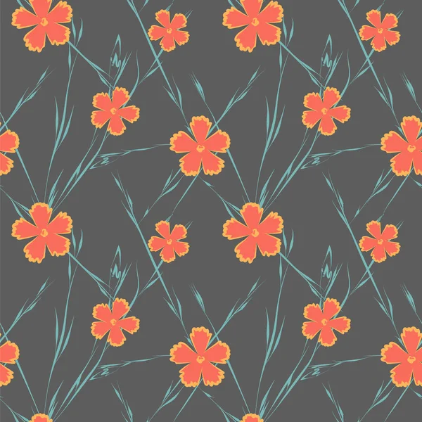 Seamless pattern with red flowers on gray background. Vector illustration. — Stock Vector