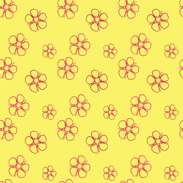 Nahtloses Muster mit rosa Blüten auf gelbem Hintergrund. Vektorillustration, Skizze. — Stockvektor