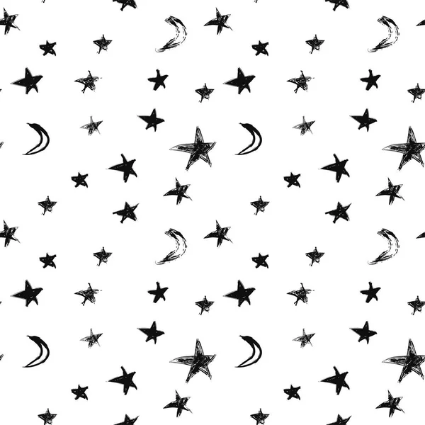 Motif sans couture avec des étoiles noires dessinées à la main et des lunes en croissant dans un style grunge. Illustration vectorielle — Image vectorielle