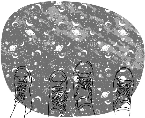 Zwei Paar Beine in Turnschuhen auf Weltraumhintergrund. Paar von Liebhabern oder Freunden, Vektorillustration — Stockvektor