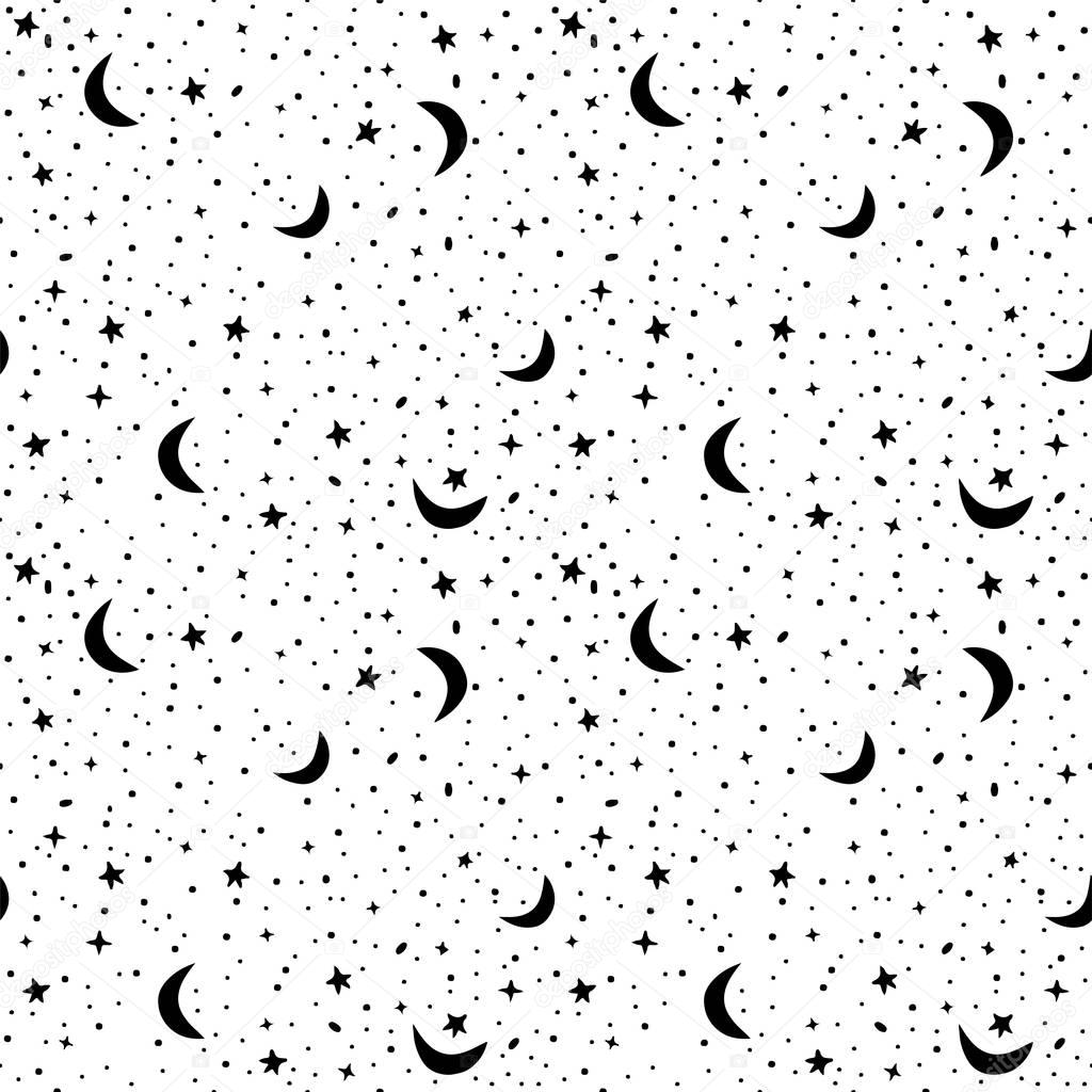 Seamless pattern with space in white and black colors. Vector background with stars and crescent moons