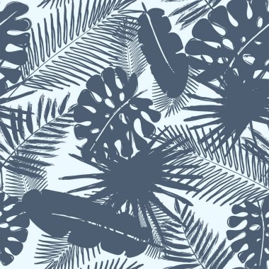 Tropikal yaprakları ile Seamless modeli. Vektör çizim ile suluboya grunge fırçalar boyalı.