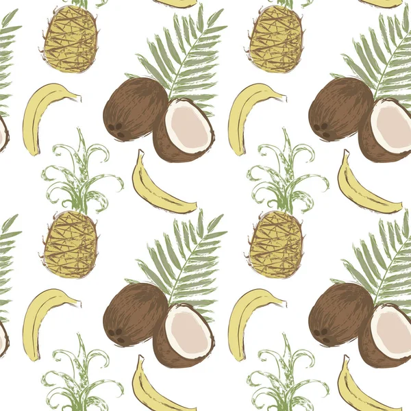 Padrão sem costura com bananas, abacaxis e cocos. Ilustração vetorial pintada com pincéis de grunge aquarela — Vetor de Stock