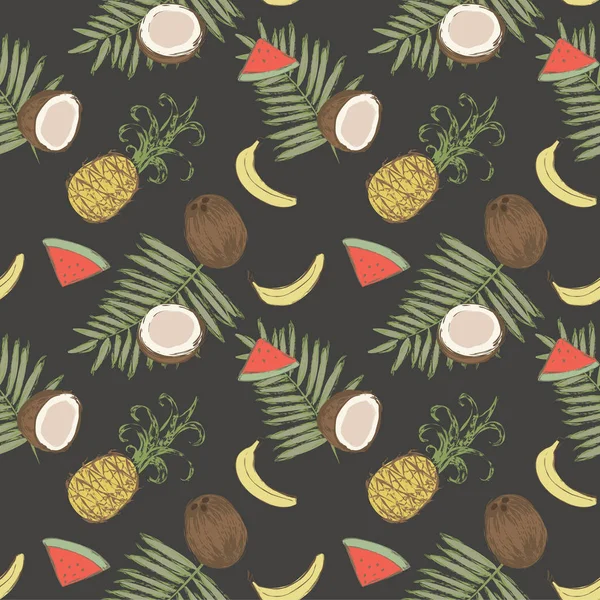 Padrão sem costura com bananas, abacaxis, melancias, cocos e folhas de palma. Ilustração vetorial pintada com pincéis de grunge aquarela . —  Vetores de Stock