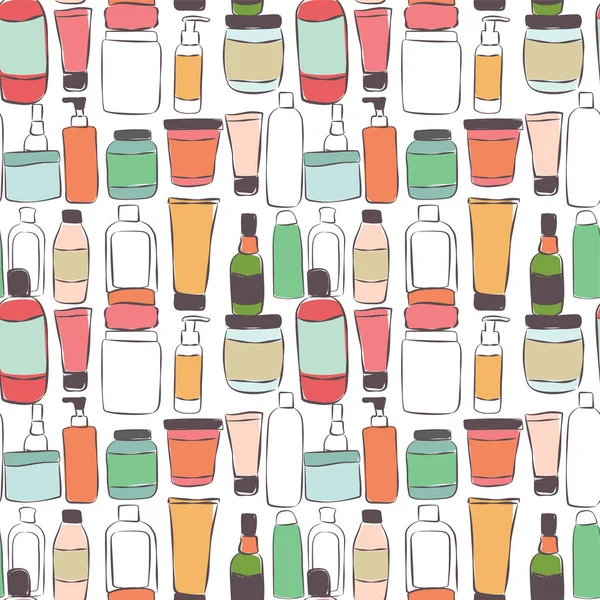 Modèle sans couture avec différents pots, bouteilles et récipients avec des cosmétiques. Illustration vectorielle — Image vectorielle