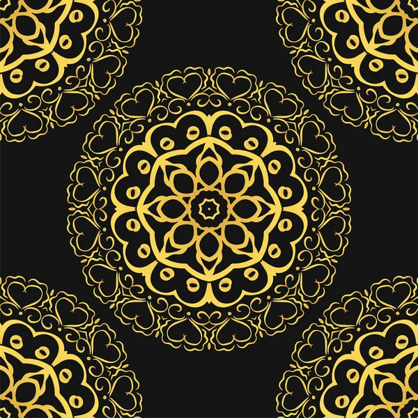 Motif sans couture avec mandalas dorés sur fond noir. Fond vectoriel . — Image vectorielle