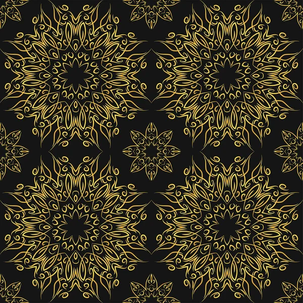 Motif sans couture avec mandalas dorés sur fond noir. Fond vectoriel . — Image vectorielle