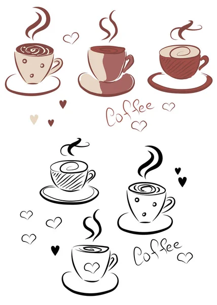 Bonitas tazas de café, corazones y texto dibujado a mano sobre fondo blanco para su diseño. Elementos vectoriales . — Vector de stock