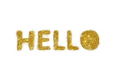 Merhaba altın glitter, beyaz arka plan üzerinde kelime