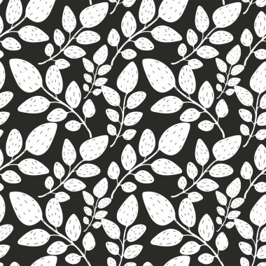  Yapraklarda siyah arka plan, vektör çizim, seamless modeli ile beyaz şubeleri