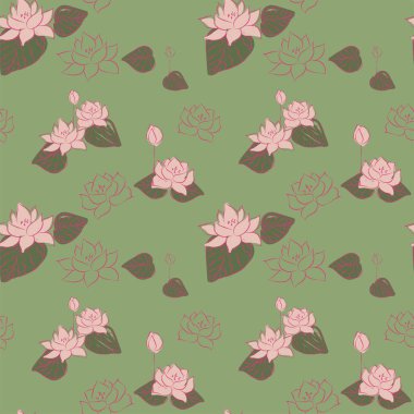 Lotus çiçekleri yeşil arka plan, vektör çizim, seamless modeli üzerinde