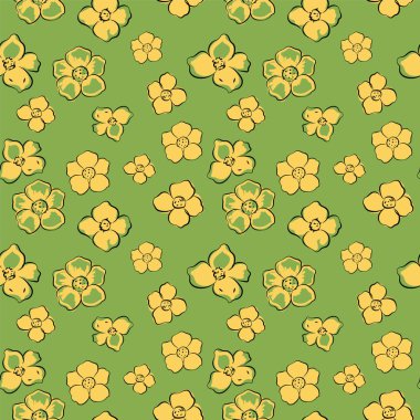 Yeşil arka plan, vektör çizim, seamless modeli üzerinde küçük sarı çiçekler