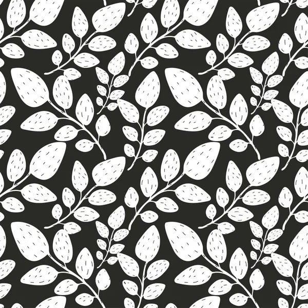White branches with leaves on black background, vector illustration, seamless pattern — Stock Vector
