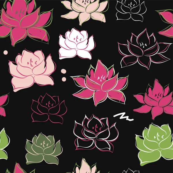 Lotus flowers on black background, vector illustration, seamless pattern — Stock Vector