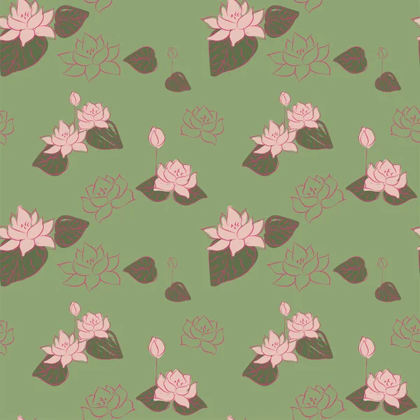 緑の背景、ベクトル図では、シームレスなパターンに蓮の花 — ストックベクタ