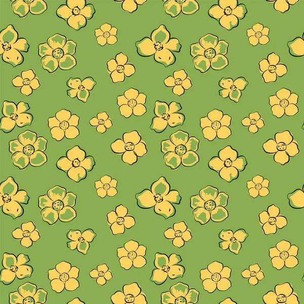 Petites fleurs jaunes sur fond vert, illustration vectorielle, motif sans couture — Image vectorielle