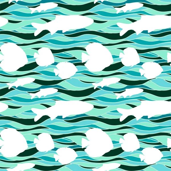 Seamless pattern with different white fishes on abstract blue waves, vector illustration, seamless pattern — Stock Vector