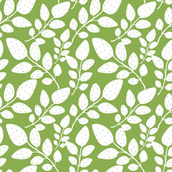 White branches with leaves on green background, vector illustration, seamless pattern — Stock Vector