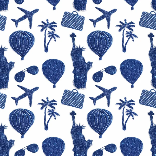 Nahtlose Muster mit verschiedenen Symbolen der Reise von blauem Glanz. Freiheitsstatue, Luftballons, Flugzeuge — Stockfoto