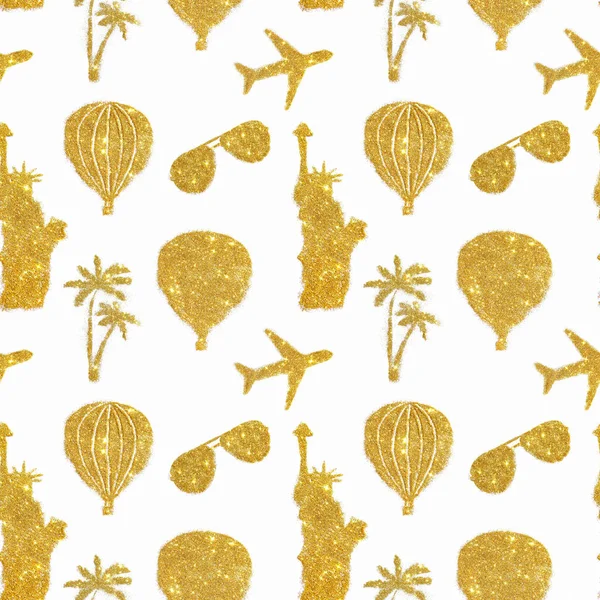 Nahtlose Muster mit verschiedenen Symbolen der Reise von goldenem Glanz. Freiheitsstatue, Luftballons, Flugzeuge — Stockfoto