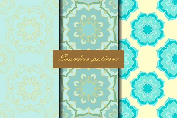 Set van drie naadloze patronen met bloemen mandala's in prachtige turquoise kleuren. Vector achtergrond — Stockvector