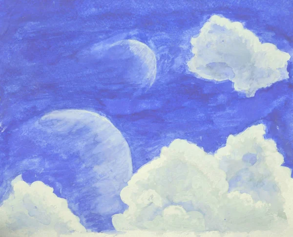 Фантастический акварельный пейзаж с голубым небом, облаками и планетами — стоковое фото