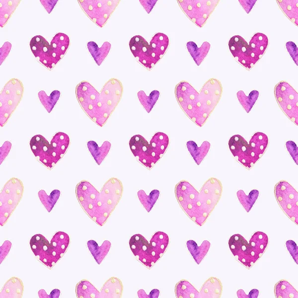 Lindos corazones púrpura acuarela con lunares, ilustración dibujada a mano, patrón sin costuras —  Fotos de Stock