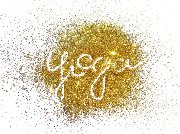 Word Yoga of golden glitter on white background