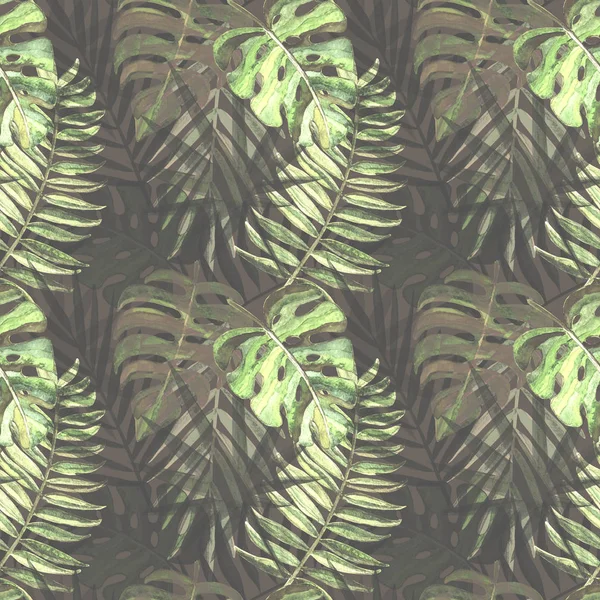 Płynny wzór z akwarelowymi liśćmi tropikalnymi — Zdjęcie stockowe