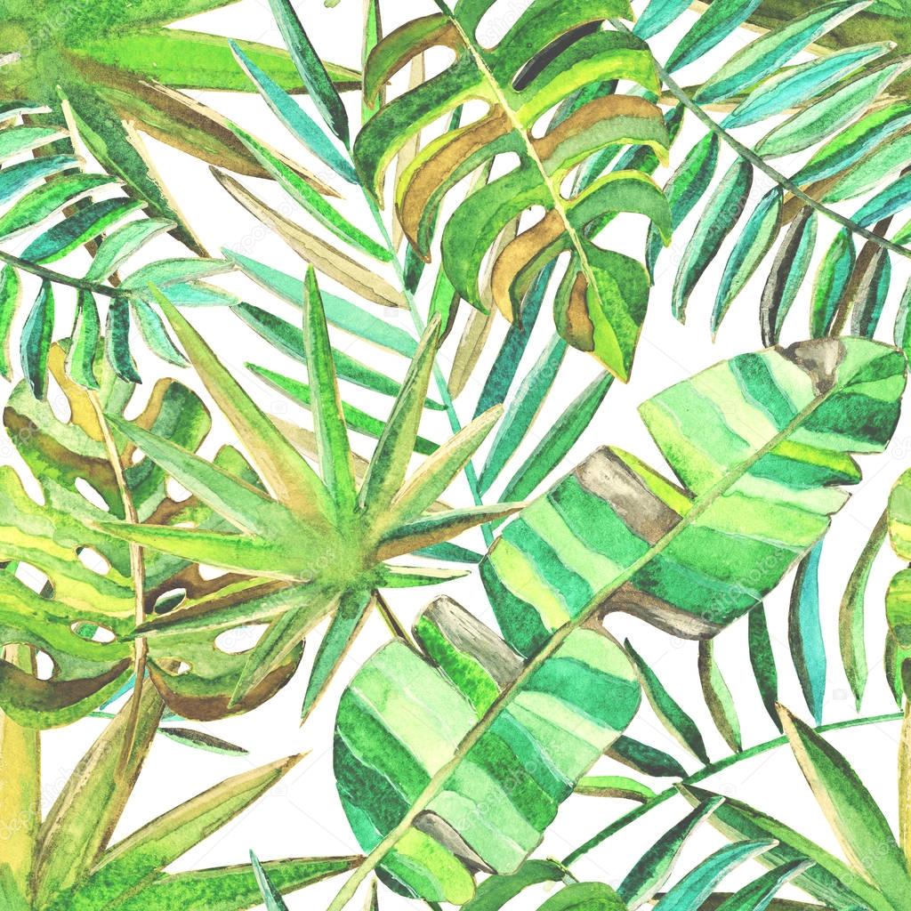 Seamless pattern with watercolor tropical leaves