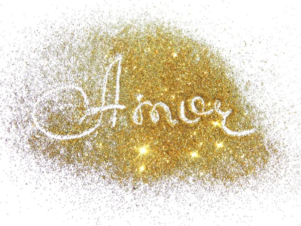 Word Love in Spanish and Portuguese of golden glitter sparkles on white background