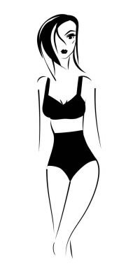 Yüksek bel bikini ile şık mayo güzel kız. Beyaz arka plan üzerinde elle çizilmiş kroki çizim