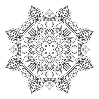 Dekoratif süs öğesi. Beyaz arka planda siyah mandala. Vektör çizim