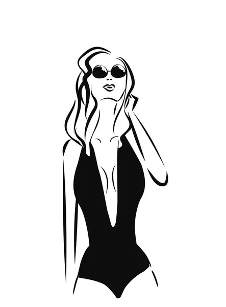 Hermosa chica en traje de baño sexy y gafas mirando al cielo. Ilustración dibujada a mano sobre fondo blanco — Vector de stock