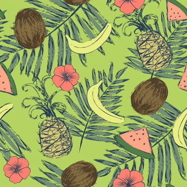 Nahtloses Muster mit Bananen, Ananas, Wassermelonen, Kokosnüssen, Blüten und Palmblättern. Vektorillustration mit Aquarell-Grunge-Pinseln bemalt. — Stockvektor