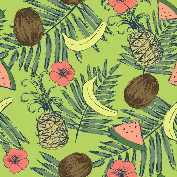 Muz, ananas, karpuz, hindistancevizi, çiçek ve palm Dikişsiz desen bırakır. Vektör çizim ile suluboya grunge fırçalar boyalı.