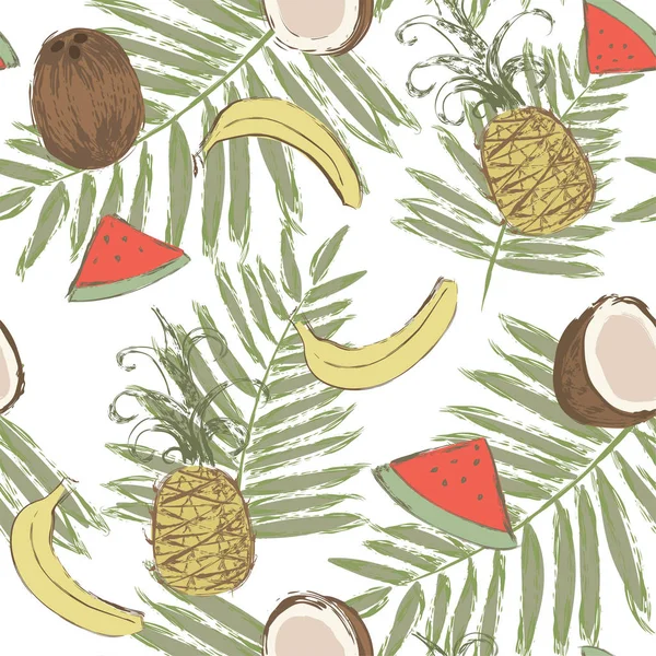 Modello senza cuciture con banane, ananas, angurie, noci di cocco e foglie di palma. Illustrazione vettoriale dipinta con pennelli grunge ad acquerello . — Vettoriale Stock