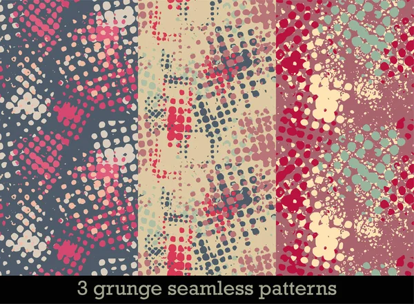 Set met drie naadloze patronen in grunge stijl met kleurrijke halftone-afdrukken — Stockvector