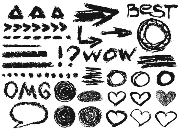 Set con diferentes símbolos, objetos pintados con tiza de carbón. Ilustración dibujada a mano, elementos vectoriales — Archivo Imágenes Vectoriales