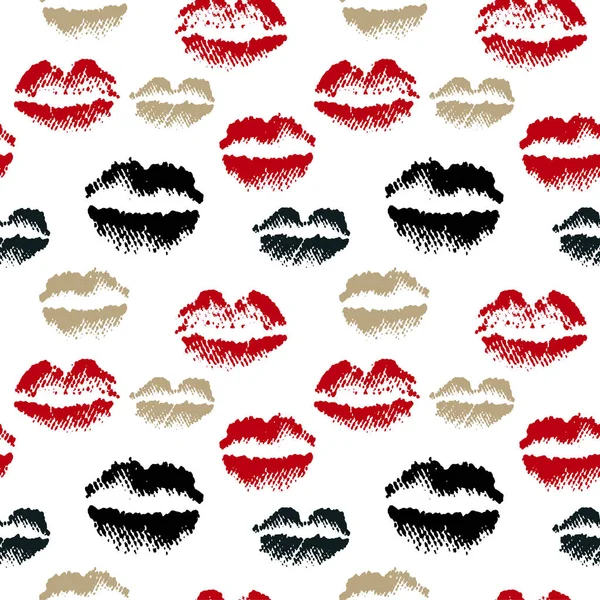 Seamless pattern with lips in grunge style on white background, real halftone print — Stock Vector